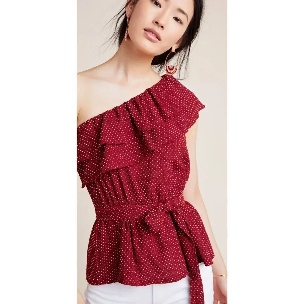 Anthropologie Maeve Rita Ruffled One Shoulder Blouse Red Color White Polka Dot S